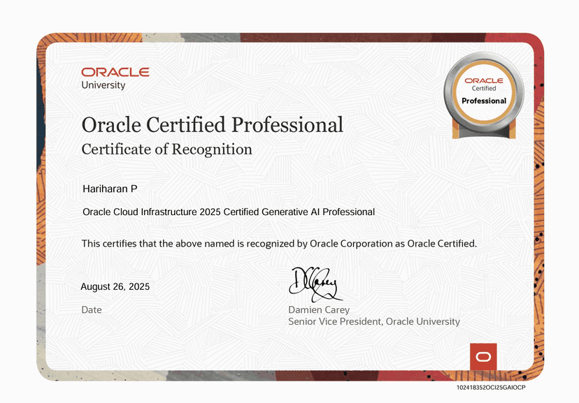 Oracle Cloud Infrastructure 2025 Certified Generative AI Professional Certificate